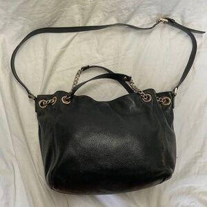 Black Leather Jet Set Chain and Leather Handled Bucket Bag by Michael Kors